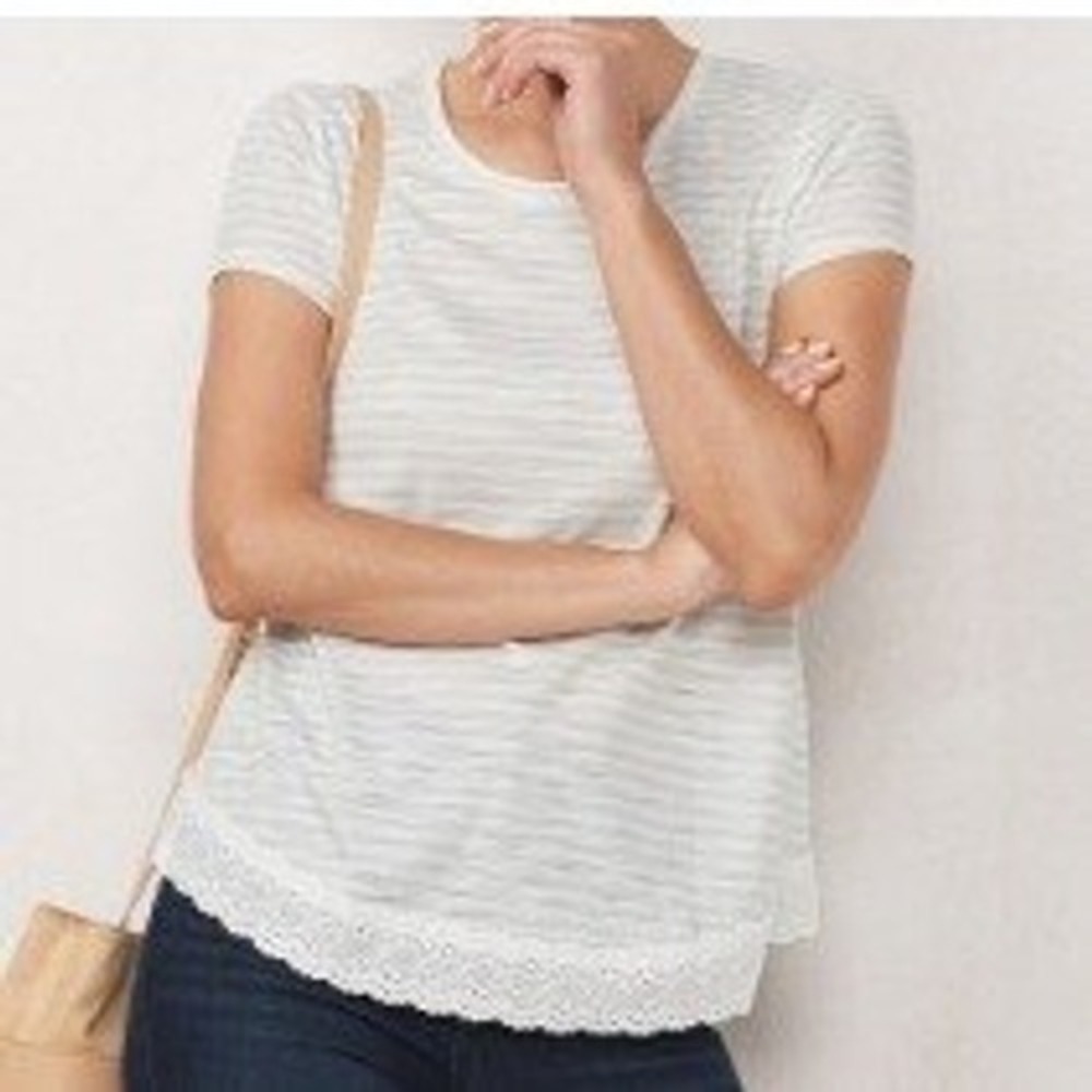 LC Lauren Conrad Women's Gray & White Stripe‎ Eyelet Top Blouse XXL